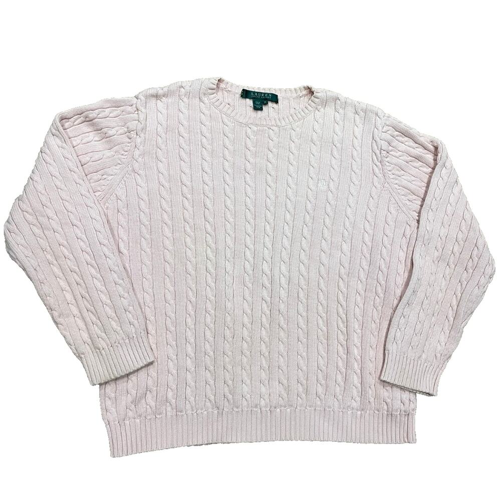 Lauren Ralph Lauren Womens 2X Pale Pink 3/4 Sleeve Cable Knit Sweater Cotton